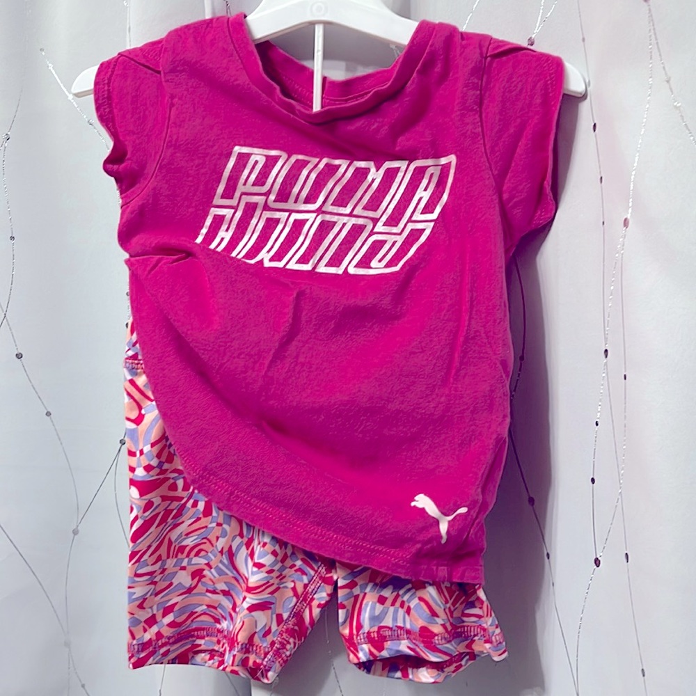 EUC Puma | pink, purple athleisure set, bell sleeve top, athletic shorts